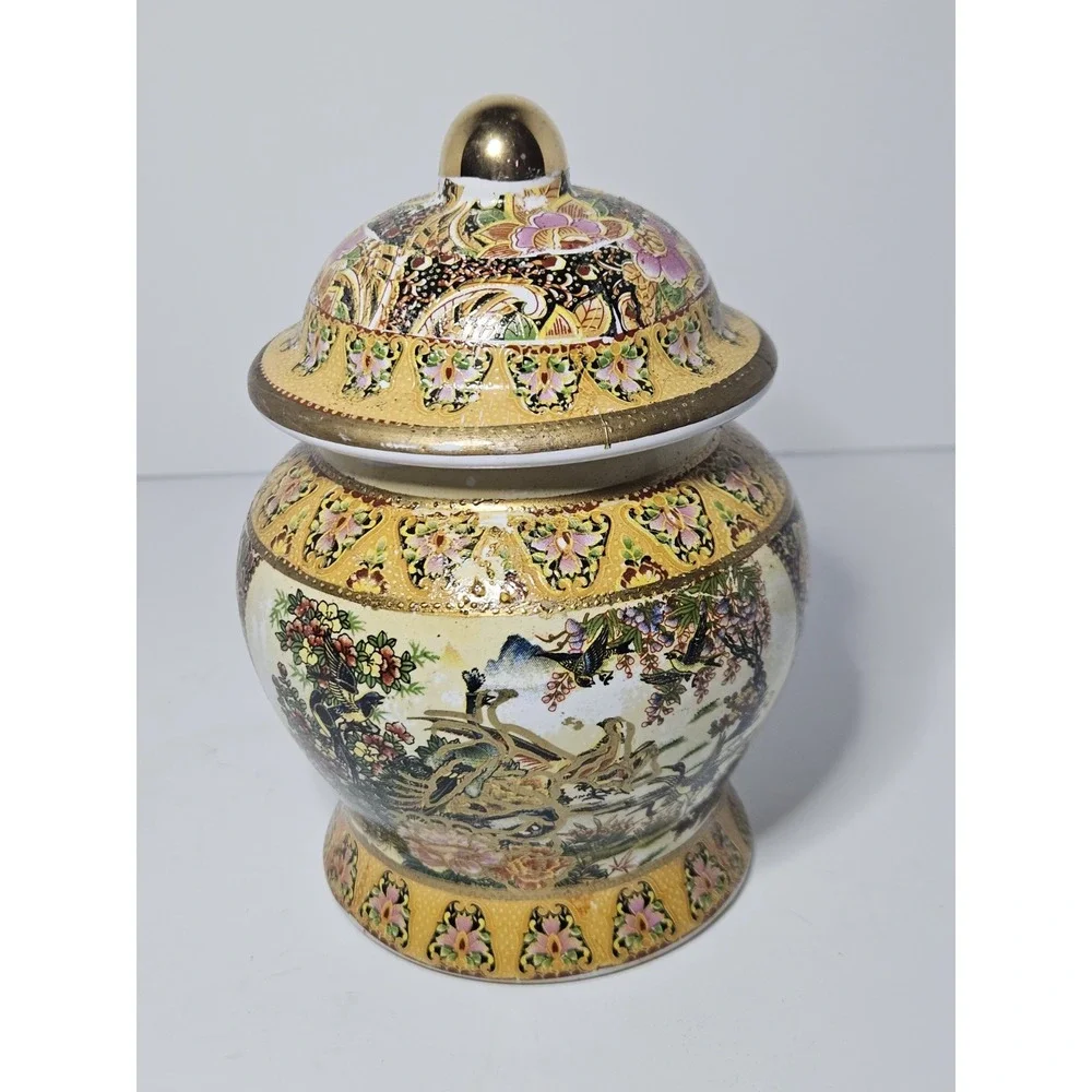 Vintage Satsuma Style Covered Ginger Jar Gold Moriage Peacock Bird Floral Urn